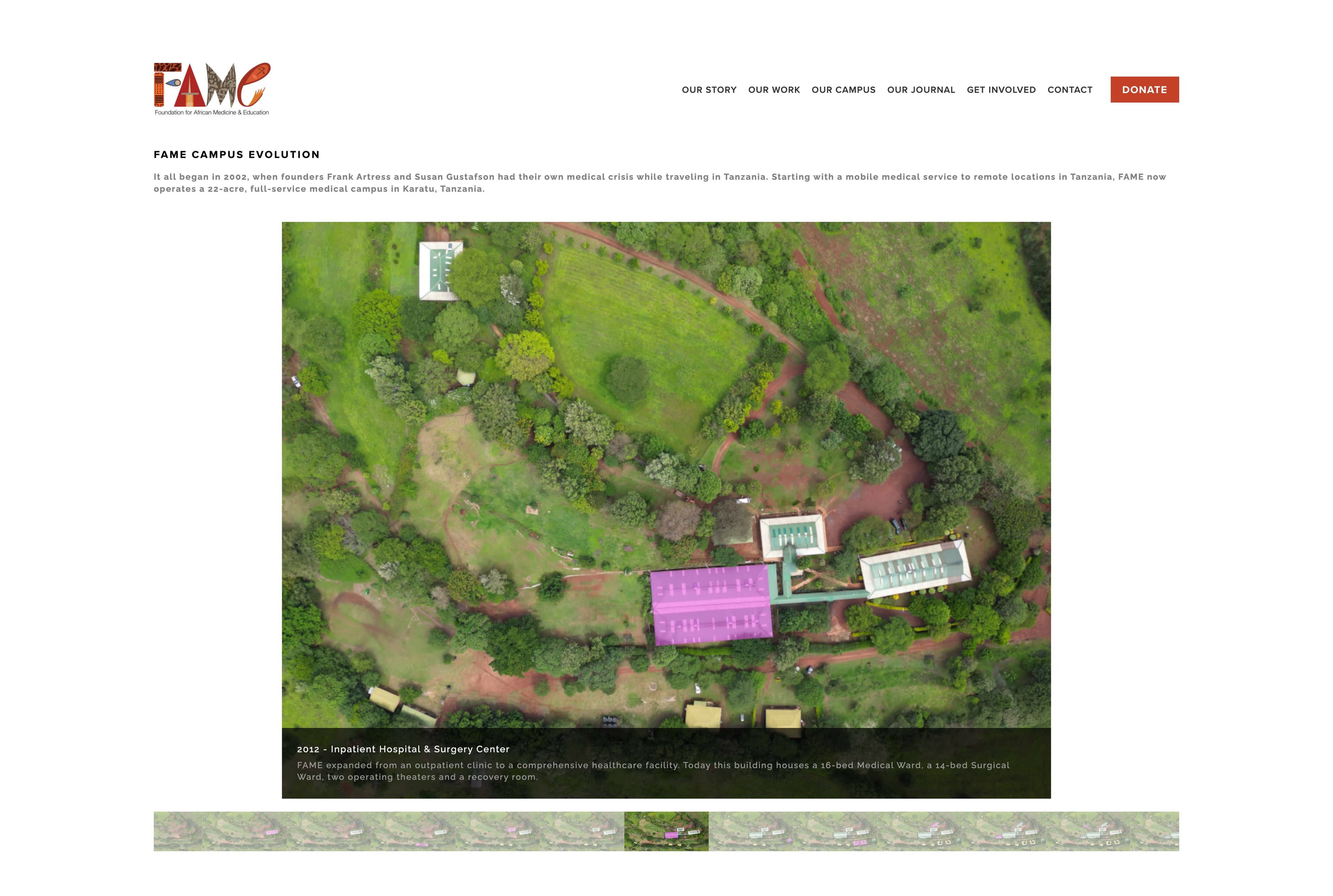 FAME Campus Timeline implemented on the organization's website showing the interactive scrubber and campus evolution