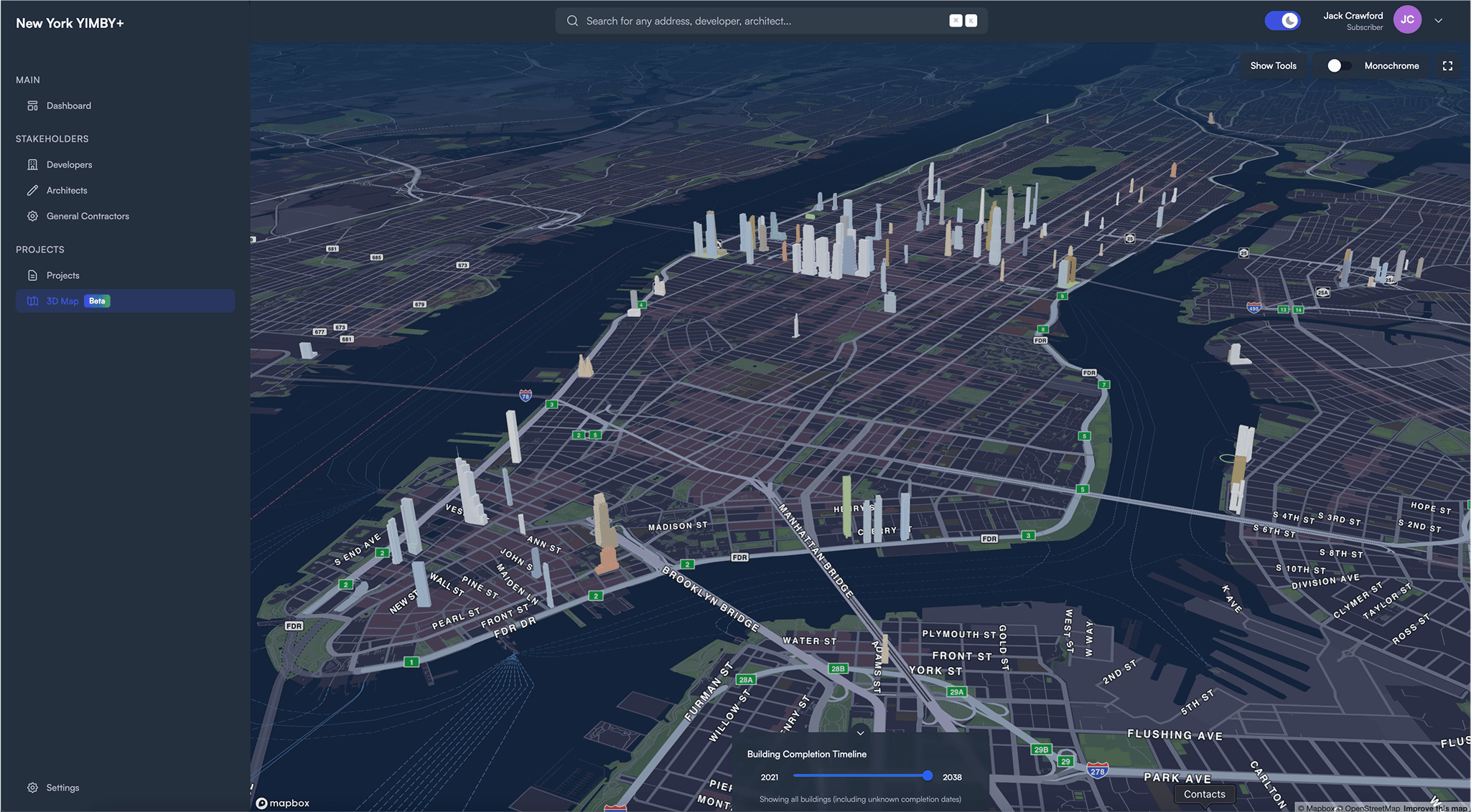 YIMBY+ 3D urban visualization showing Chicago's skyline with colored buildings representing different data layers