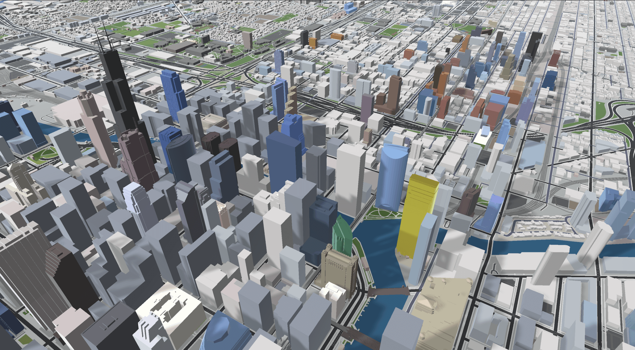 First experiments with realistic building colors - muted palette, basic lighting