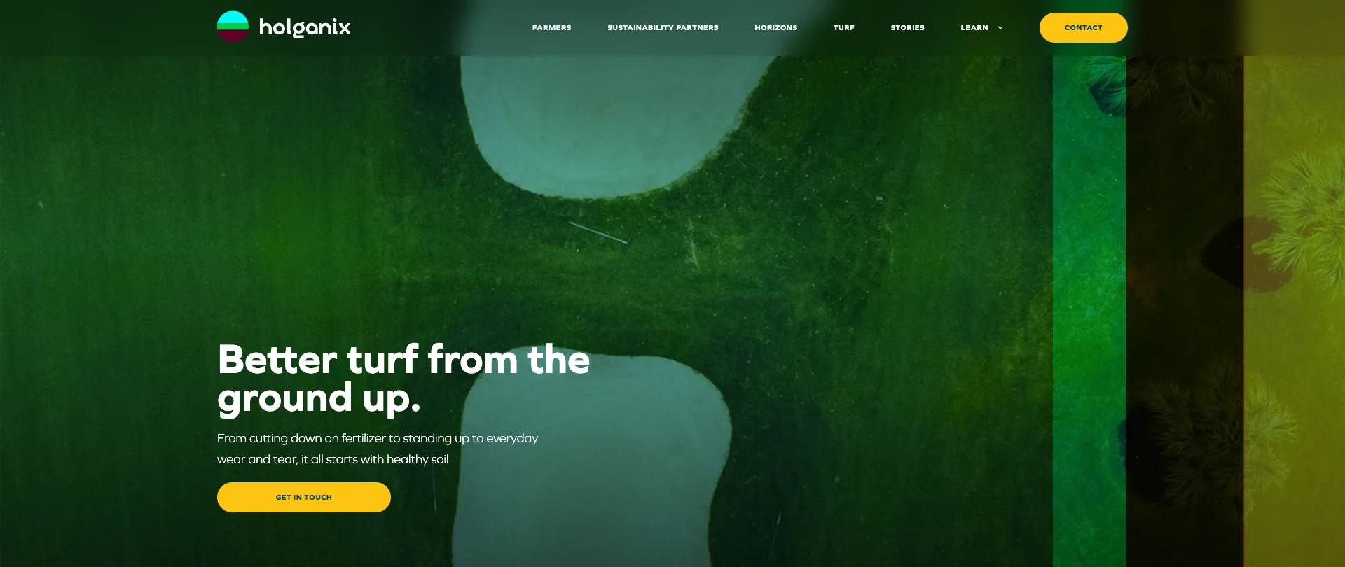 Implemented Holganix Turf page hero with aerial golf-course photography and the headline Better turf from the ground up