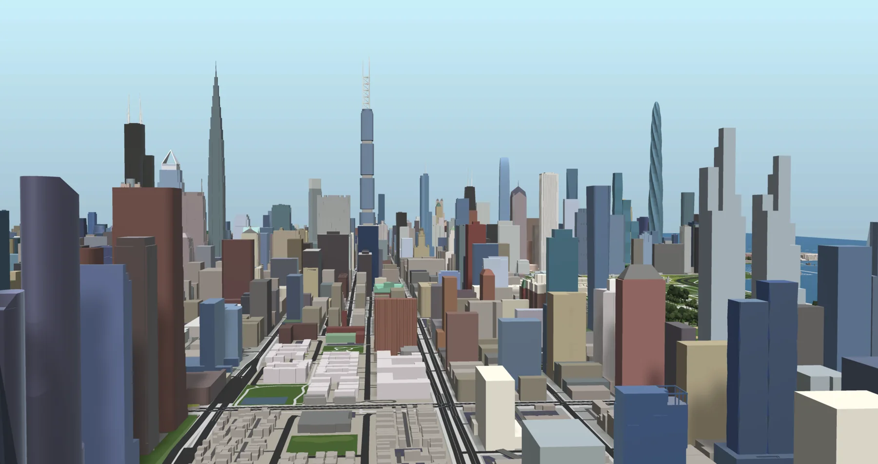 Historical hypothetical Chicago skyline with canceled proposals shown in natural colors