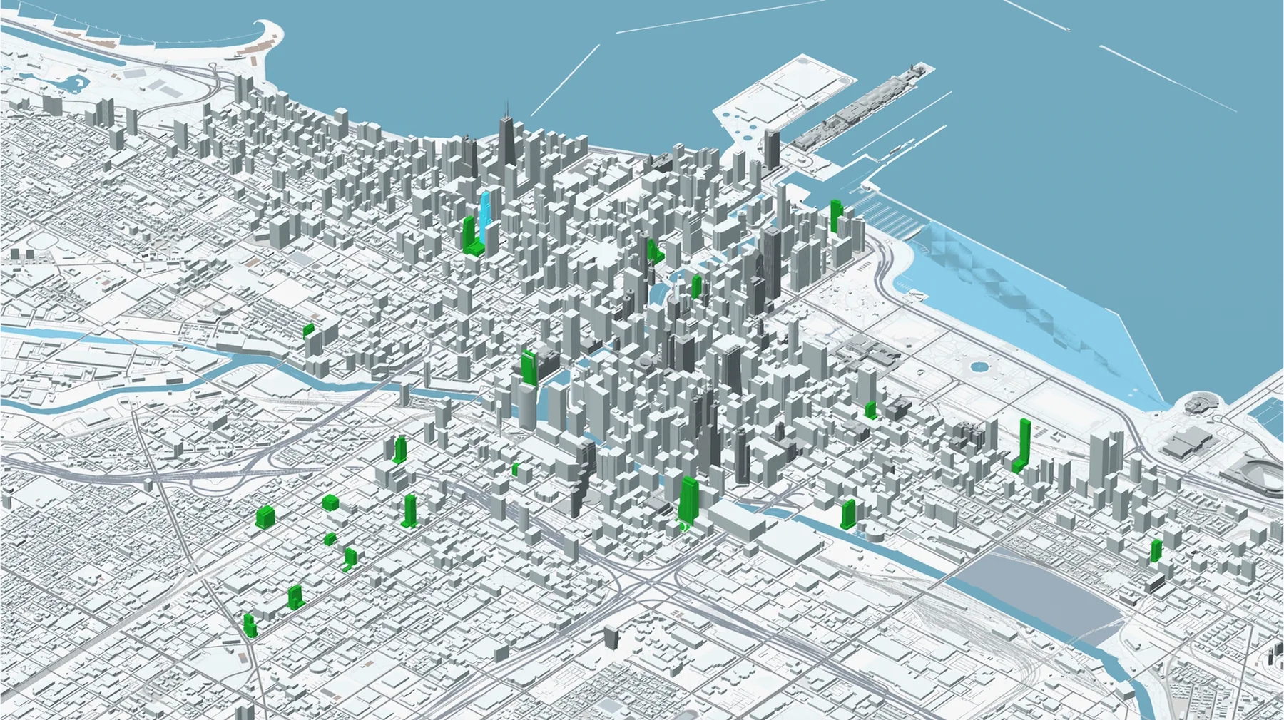 The growing set of highlighted towers in the 2021 Chicago model
