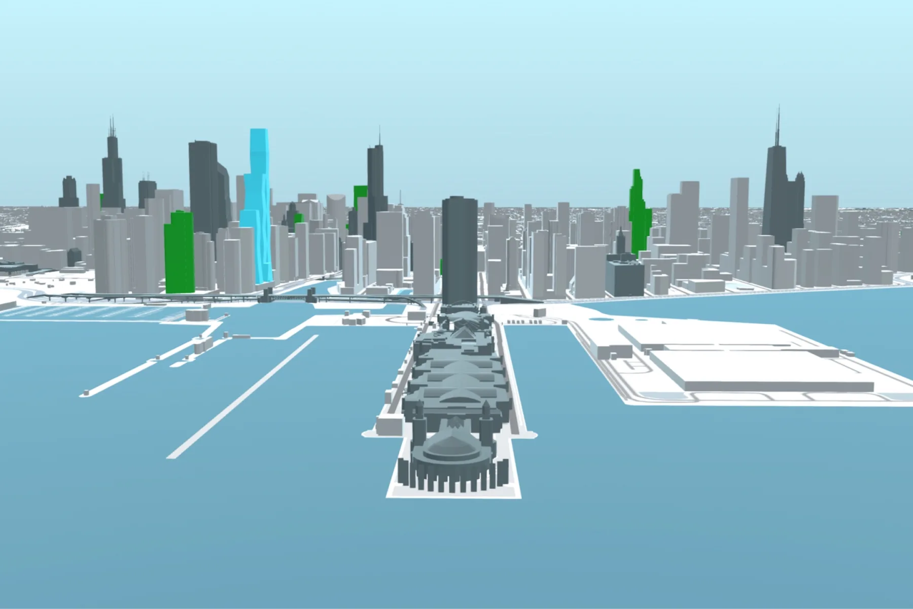 The 2021 Chicago model, looking west across Navy Pier, with St. Regis highlighted in cyan